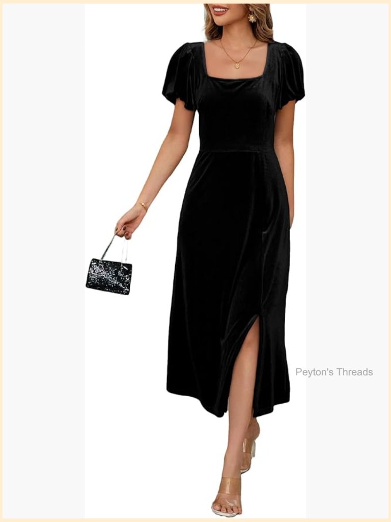 Velvet Square Neck Midi Dress Side Slit Short Sleeve Wedding Guest